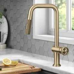KRAUS Urbix Industrial Pull-Down Single Handle Kitchen Faucet in Brushed Gold