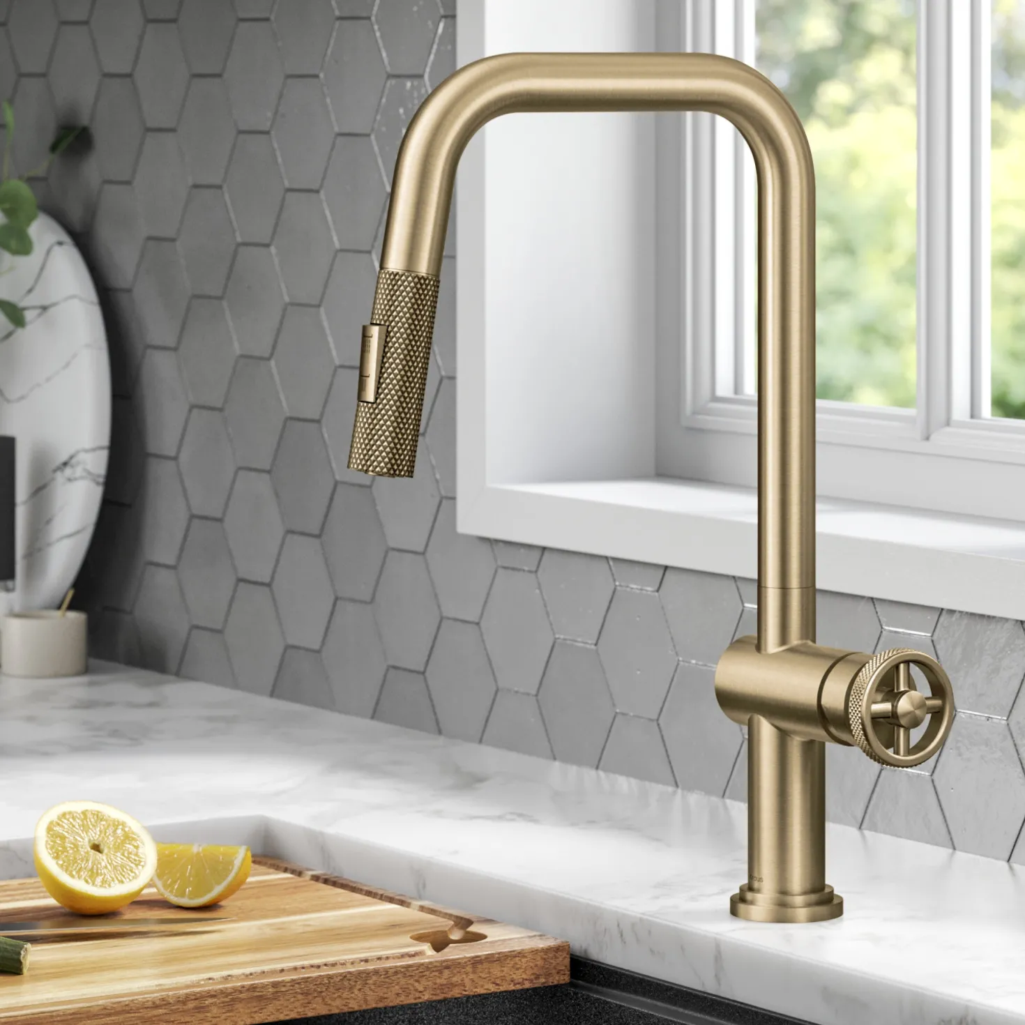 KRAUS Urbix Industrial Pull-Down Single Handle Kitchen Faucet in Brushed Gold