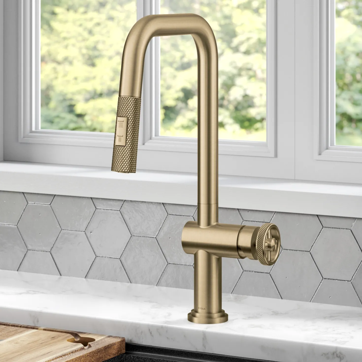 KRAUS Urbix Industrial Pull-Down Single Handle Kitchen Faucet in Brushed Gold