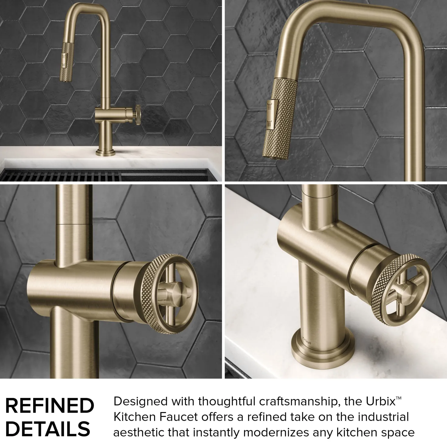 KRAUS Urbix Industrial Pull-Down Single Handle Kitchen Faucet in Brushed Gold