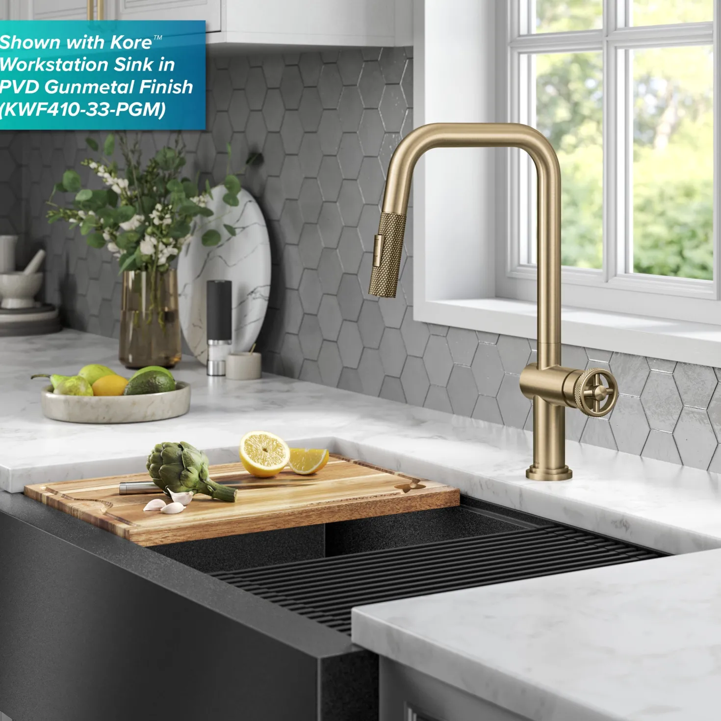 KRAUS Urbix Industrial Pull-Down Single Handle Kitchen Faucet in Brushed Gold