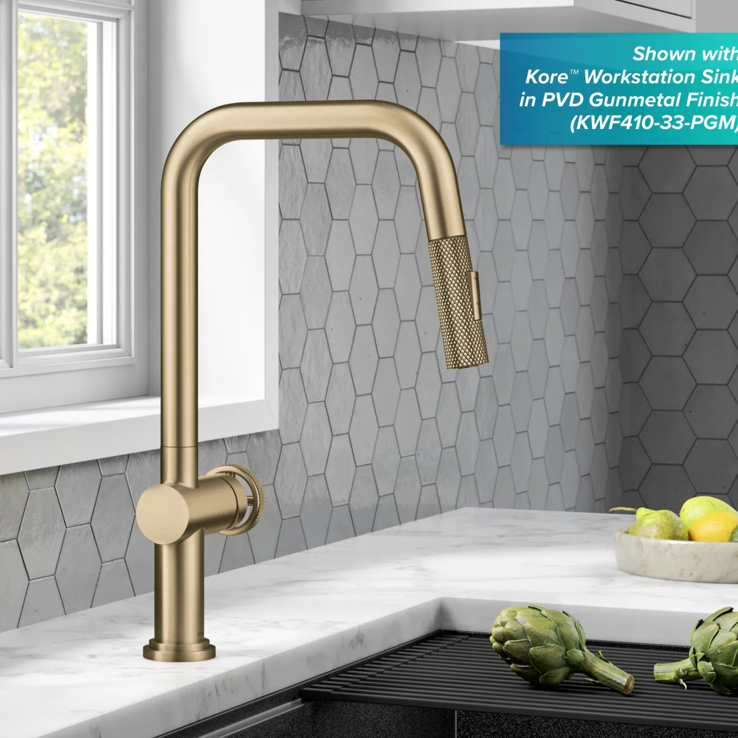 KRAUS Urbix Industrial Pull-Down Single Handle Kitchen Faucet in Brushed Gold