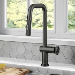 KRAUS Urbix Industrial Pull-Down Single Handle Kitchen Faucet in Black Stainless