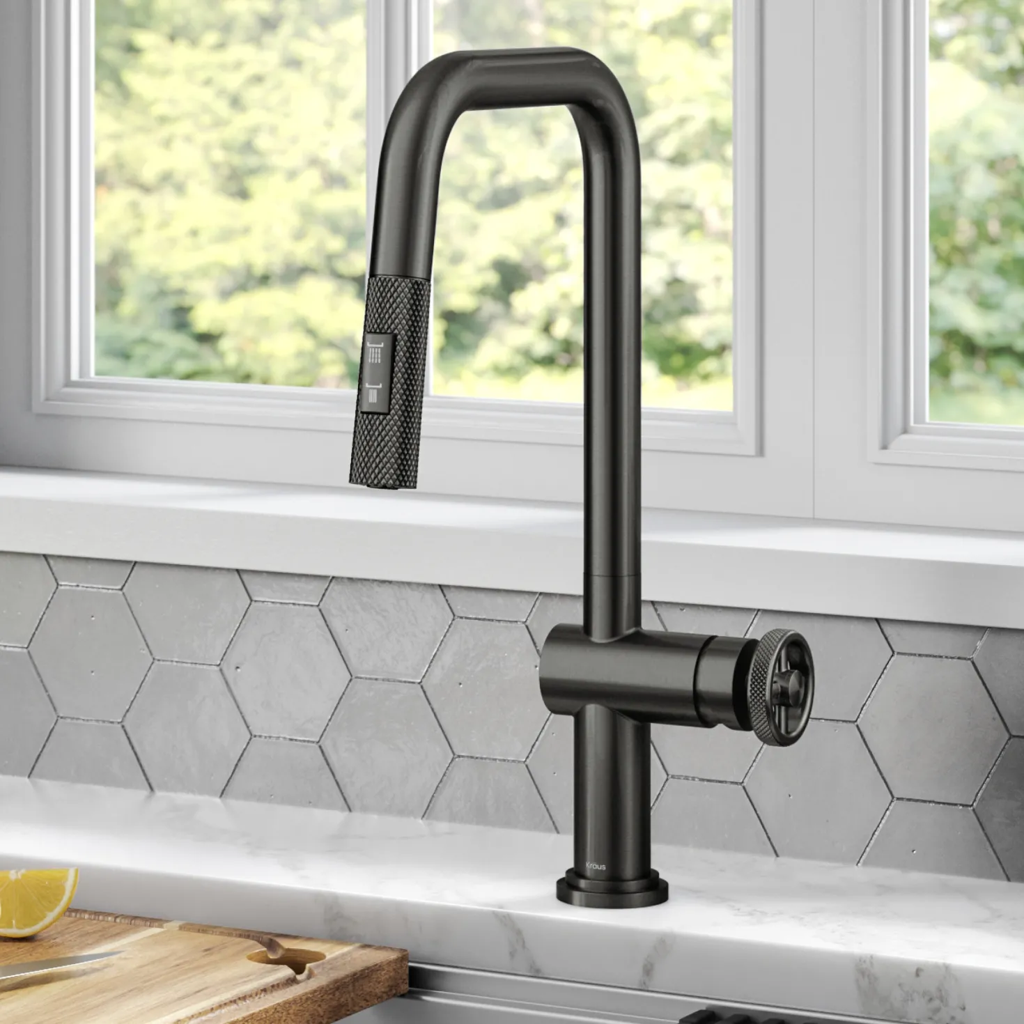 KRAUS Urbix Industrial Pull-Down Single Handle Kitchen Faucet in Black Stainless