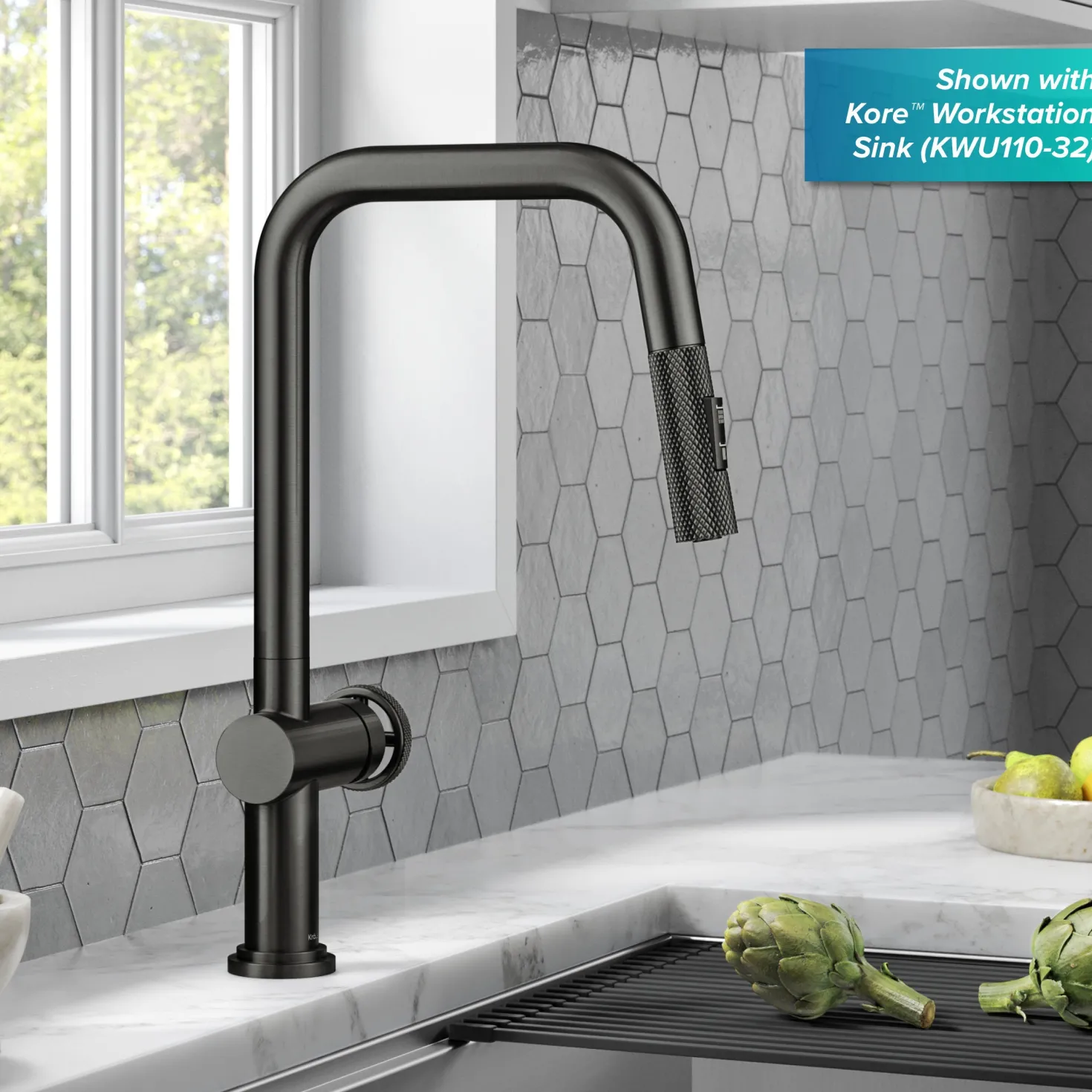 KRAUS Urbix Industrial Pull-Down Single Handle Kitchen Faucet in Black Stainless