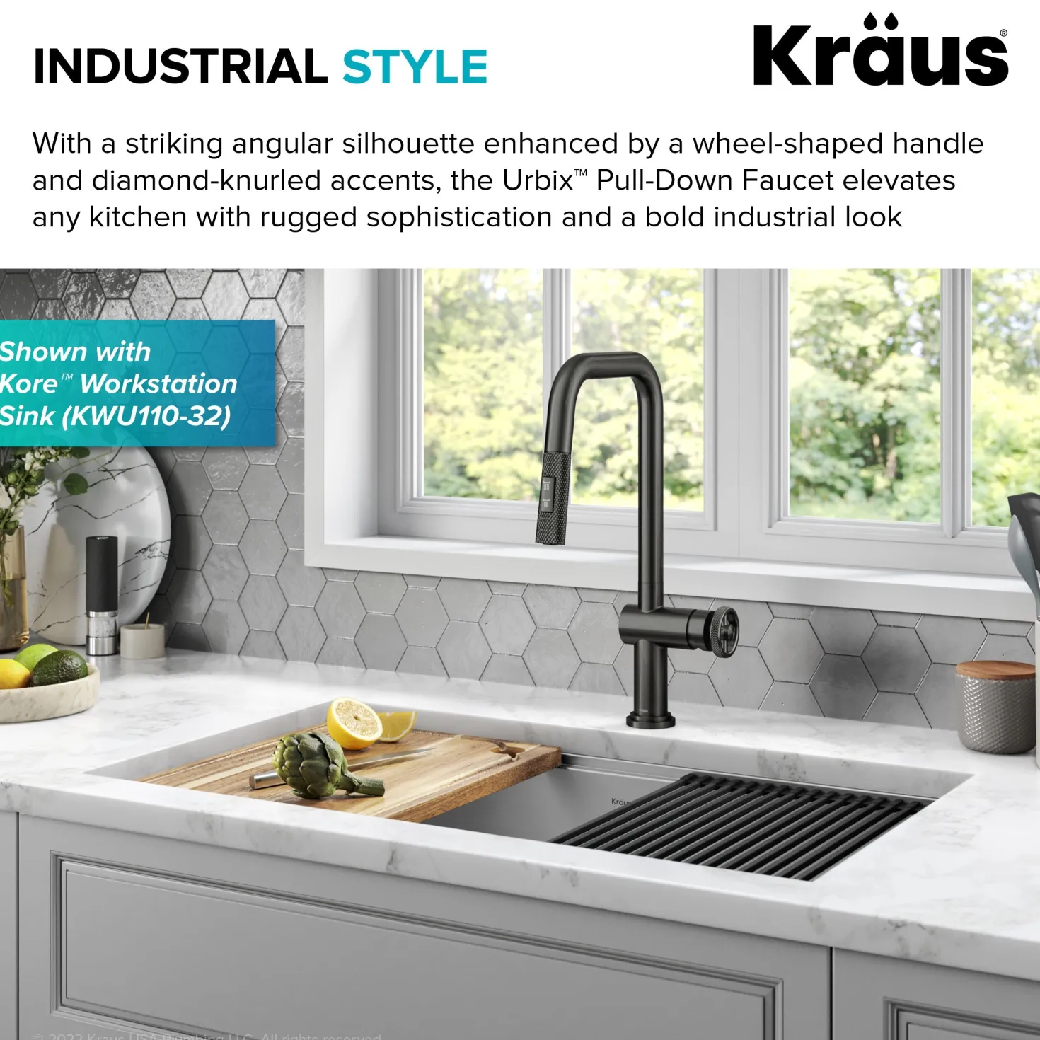 KRAUS Urbix Industrial Pull-Down Single Handle Kitchen Faucet in Black Stainless