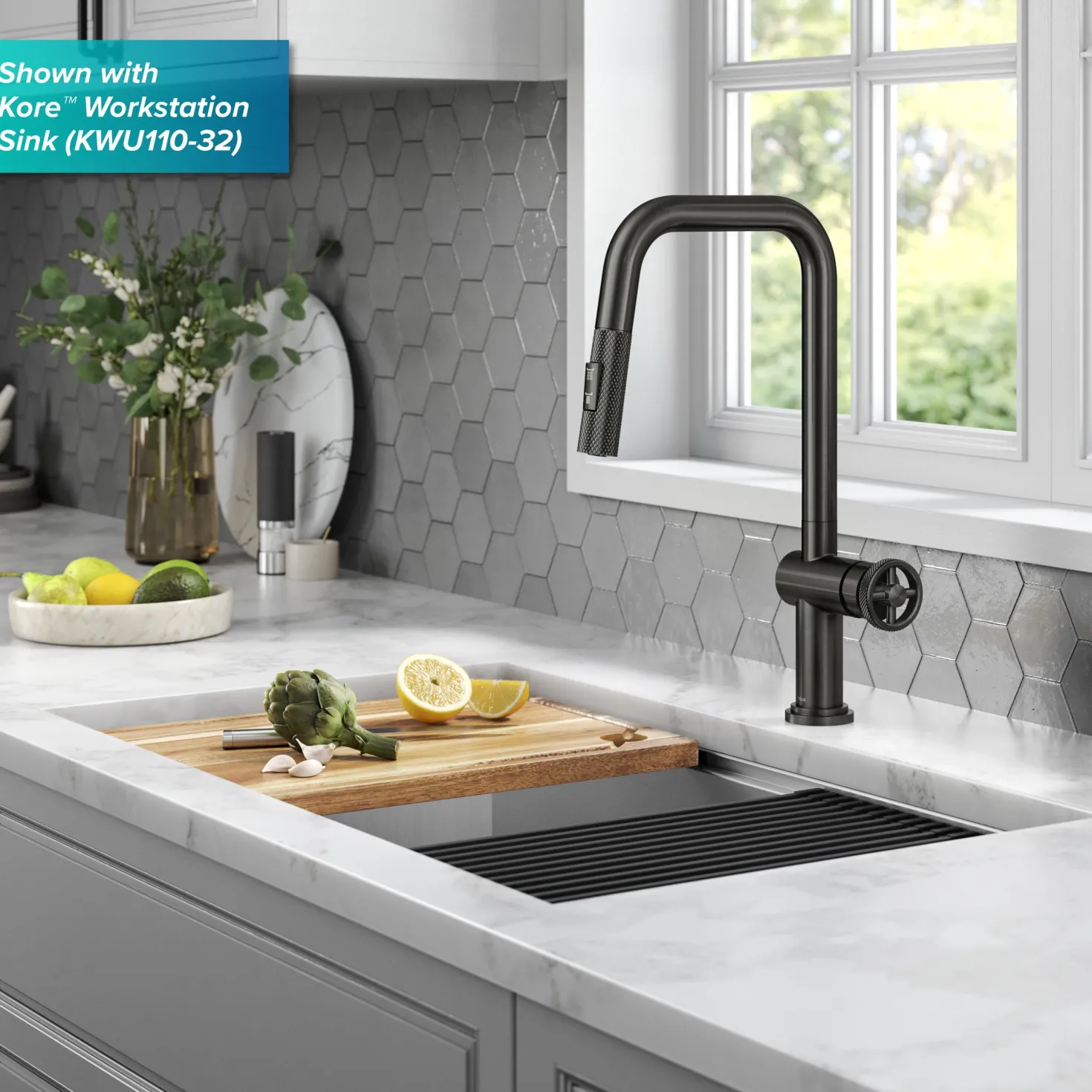 KRAUS Urbix Industrial Pull-Down Single Handle Kitchen Faucet in Black Stainless