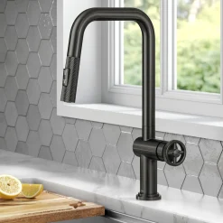 KRAUS Urbix Industrial Pull-Down Single Handle Kitchen Faucet in Black Stainless