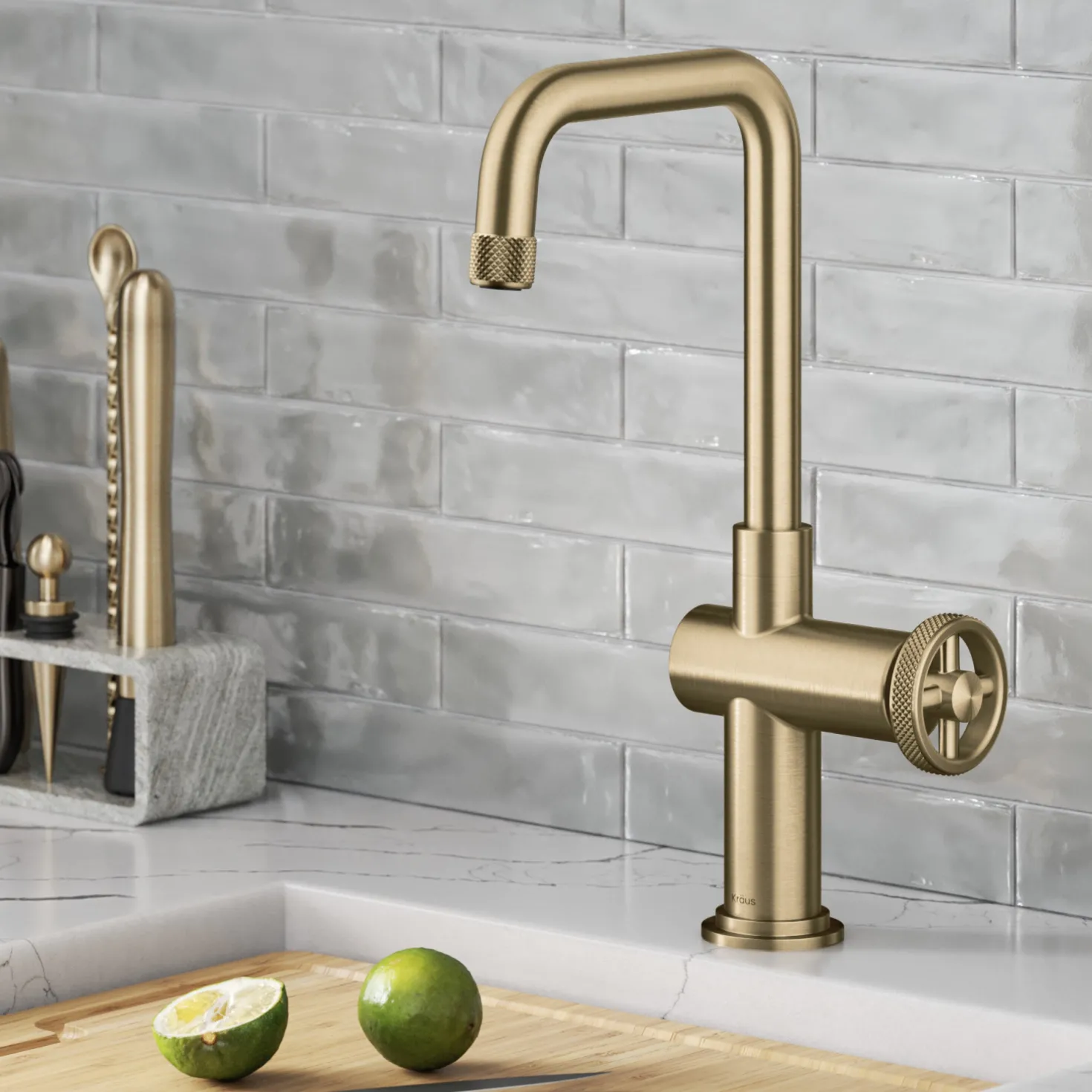KRAUS Urbix Industrial Single Handle Kitchen Bar Faucet in Brushed Gold