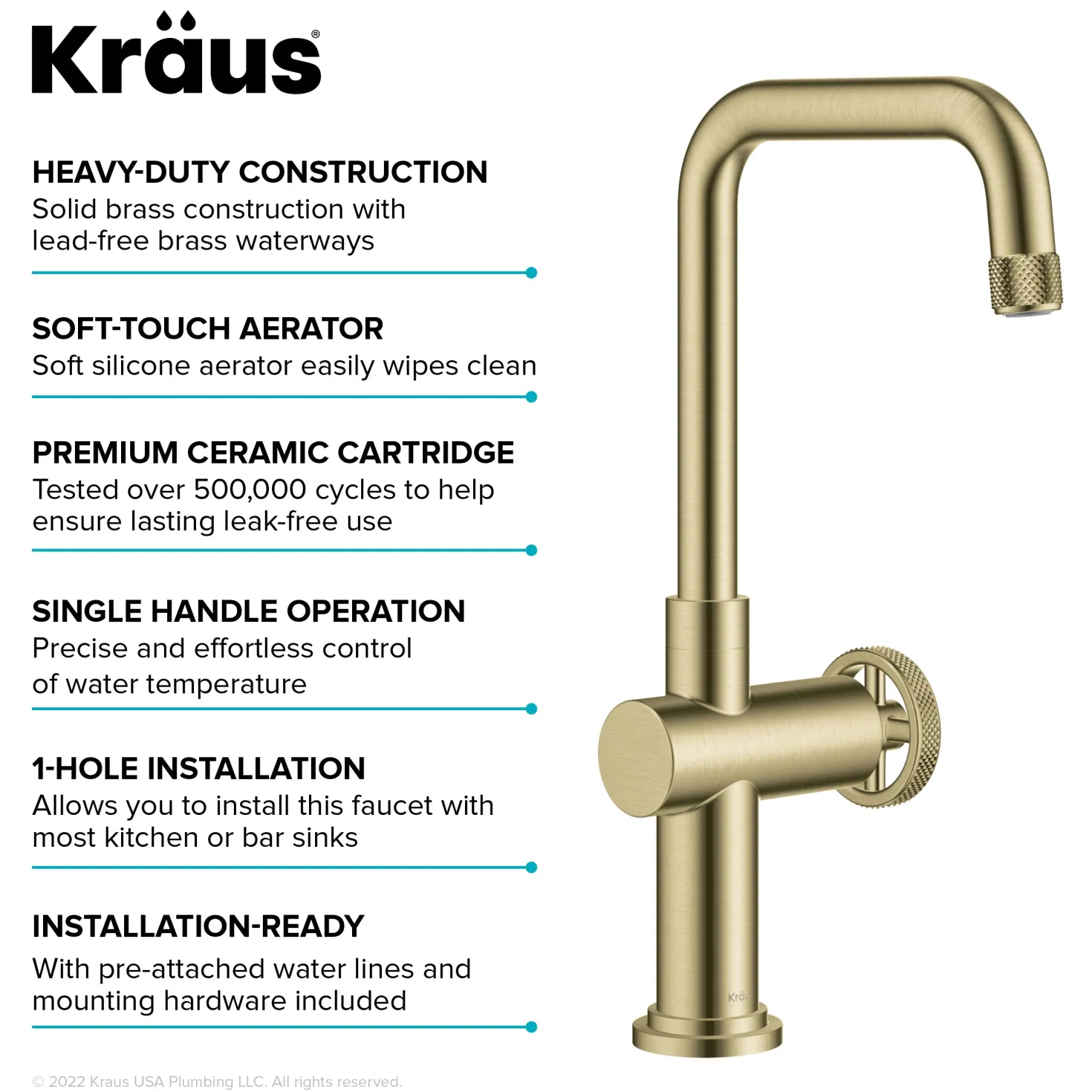 KRAUS Urbix Industrial Single Handle Kitchen Bar Faucet in Brushed Gold
