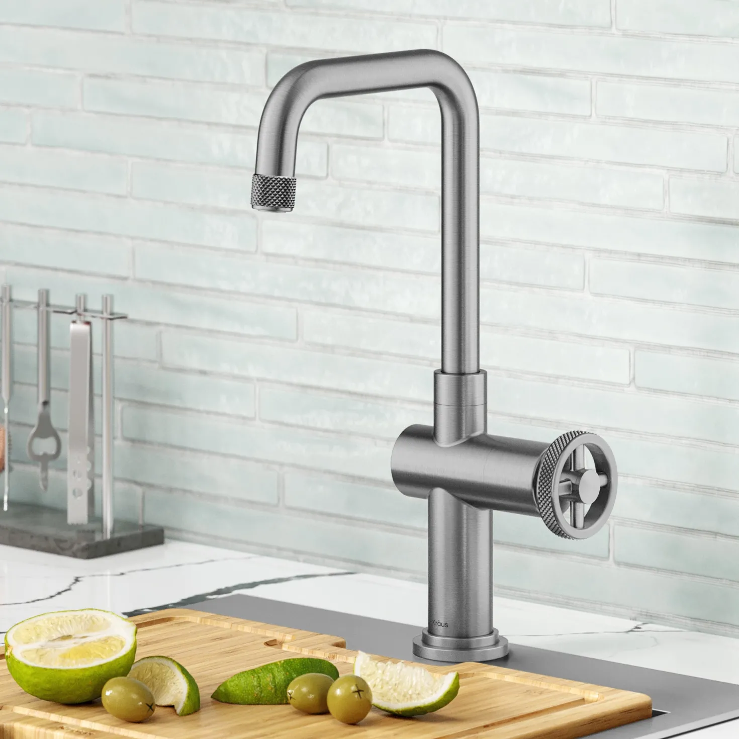 KRAUS Urbix Industrial Single Handle Kitchen Bar Faucet in Stainless