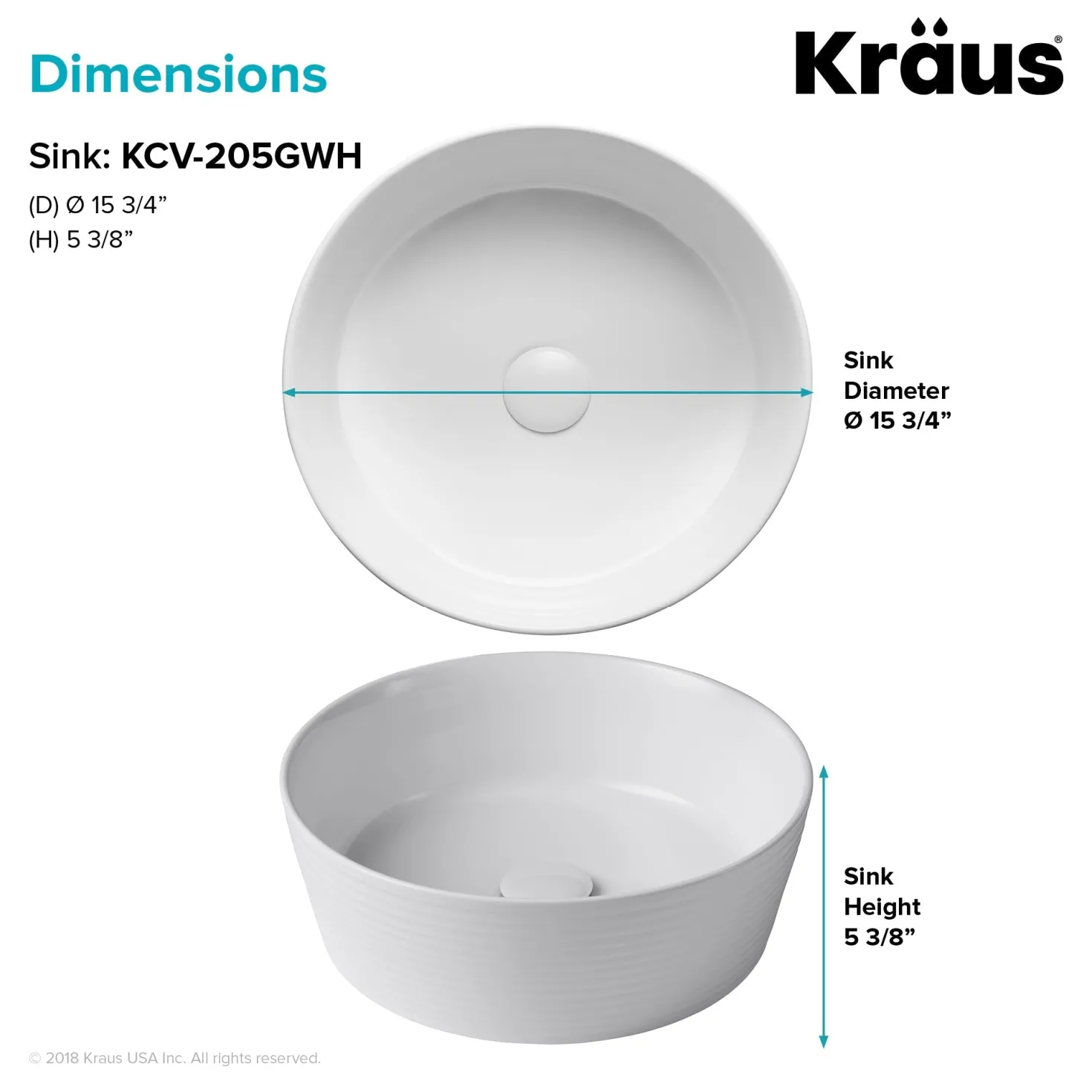 KRAUS Viva 15.75 Inch Round Porcelain Ceramic Vessel Bathroom Sink