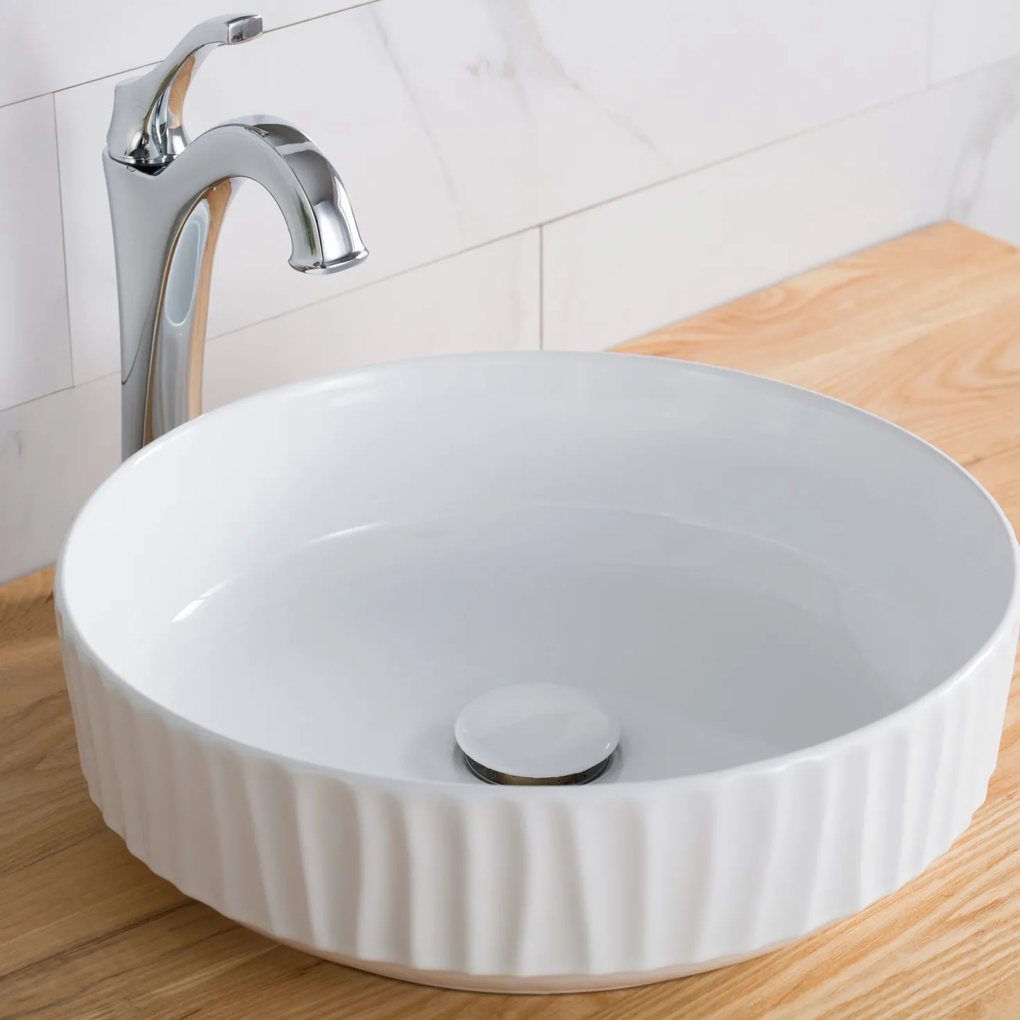 KRAUS Viva 15.75 Inch Round White Porcelain Ceramic Vessel Bathroom Sink