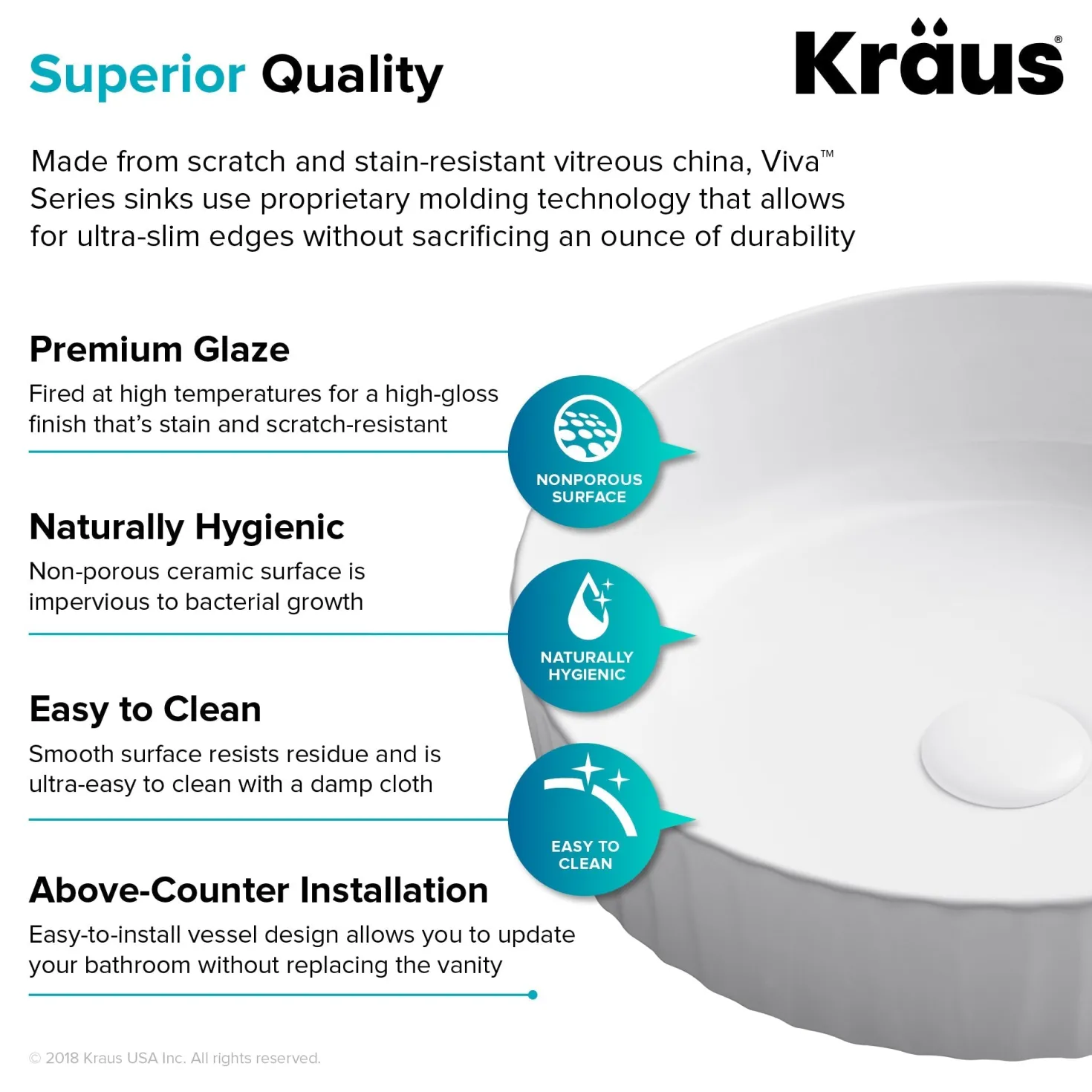 KRAUS Viva 15.75 Inch Round White Porcelain Ceramic Vessel Bathroom Sink