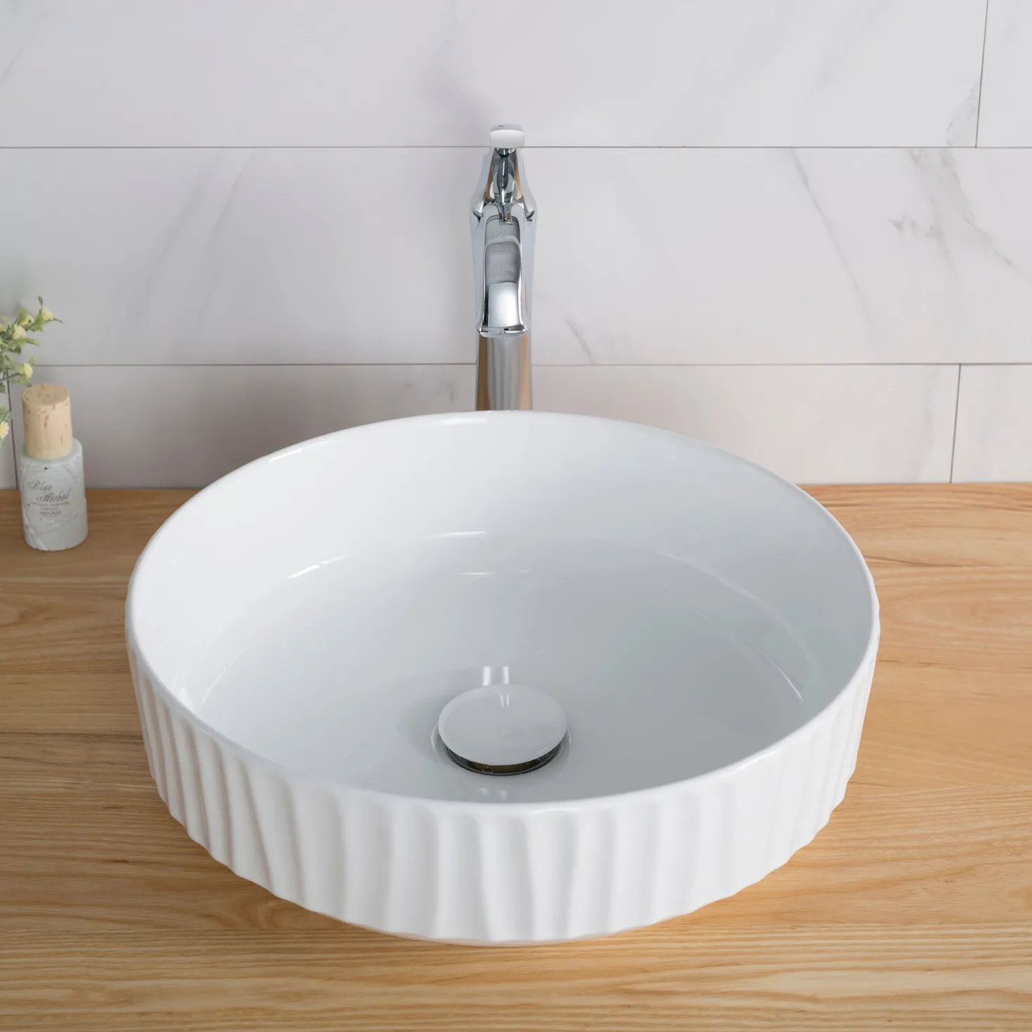 KRAUS Viva 15.75 Inch Round White Porcelain Ceramic Vessel Bathroom Sink
