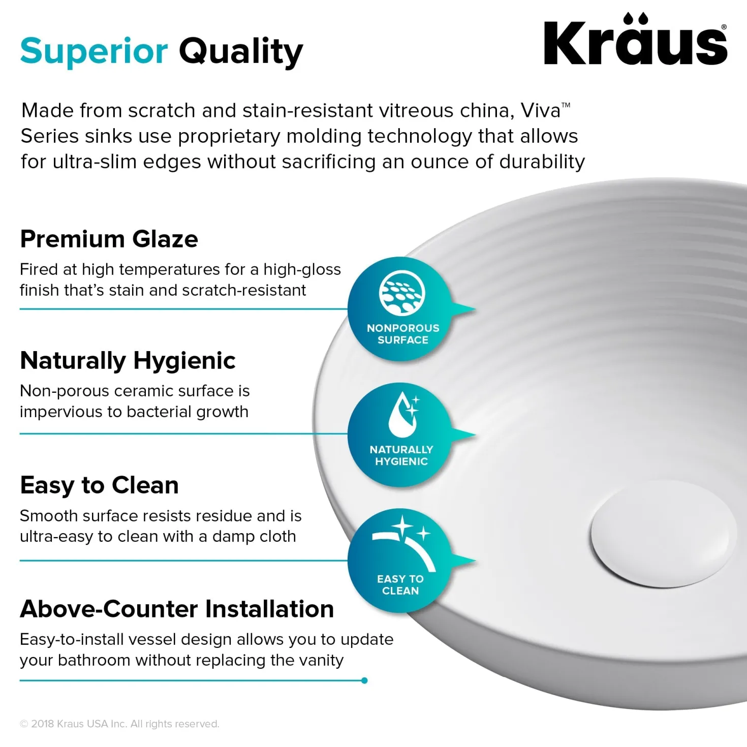 KRAUS Viva 13 Inch Round White Porcelain Ceramic Vessel Bathroom Sink