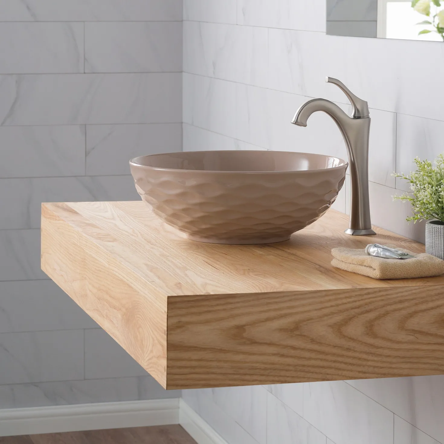 KRAUS Viva Round Beige Porcelain Ceramic Vessel Bathroom Sink with Pop-Up Drain