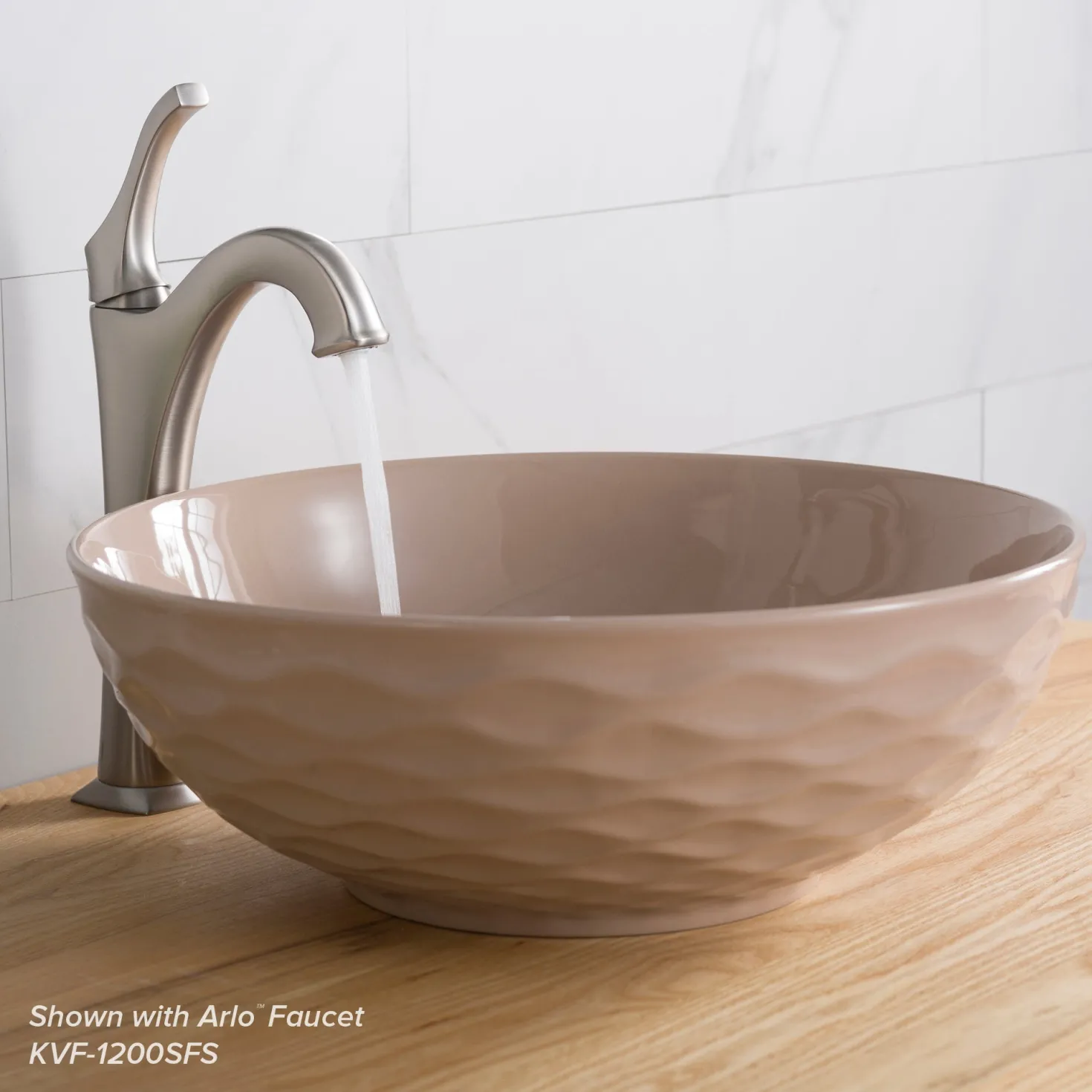 KRAUS Viva Round Beige Porcelain Ceramic Vessel Bathroom Sink with Pop-Up Drain