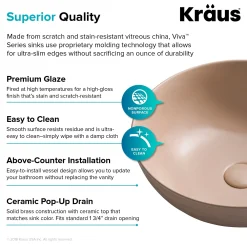 KRAUS Viva Round Beige Porcelain Ceramic Vessel Bathroom Sink with Pop-Up Drain