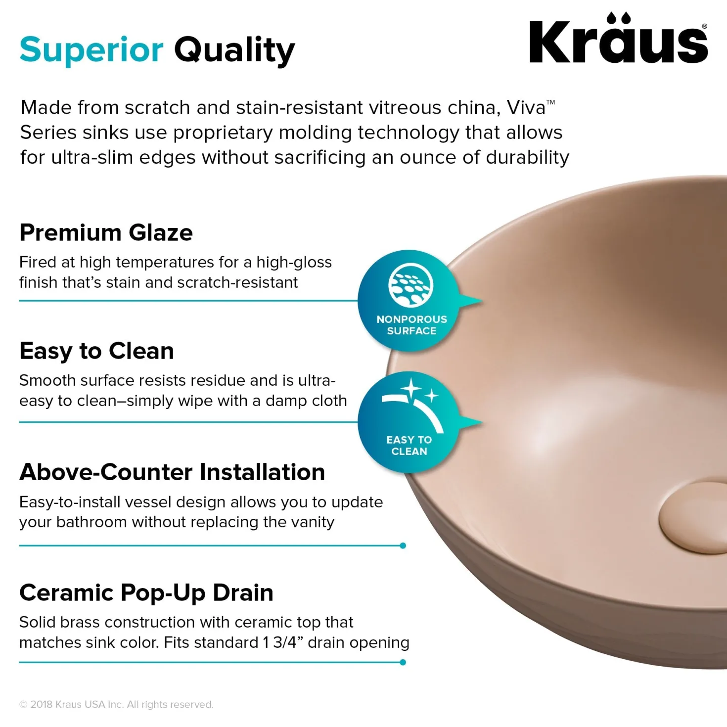 KRAUS Viva Round Beige Porcelain Ceramic Vessel Bathroom Sink with Pop-Up Drain