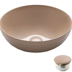 KRAUS Viva Round Beige Porcelain Ceramic Vessel Bathroom Sink with Pop-Up Drain