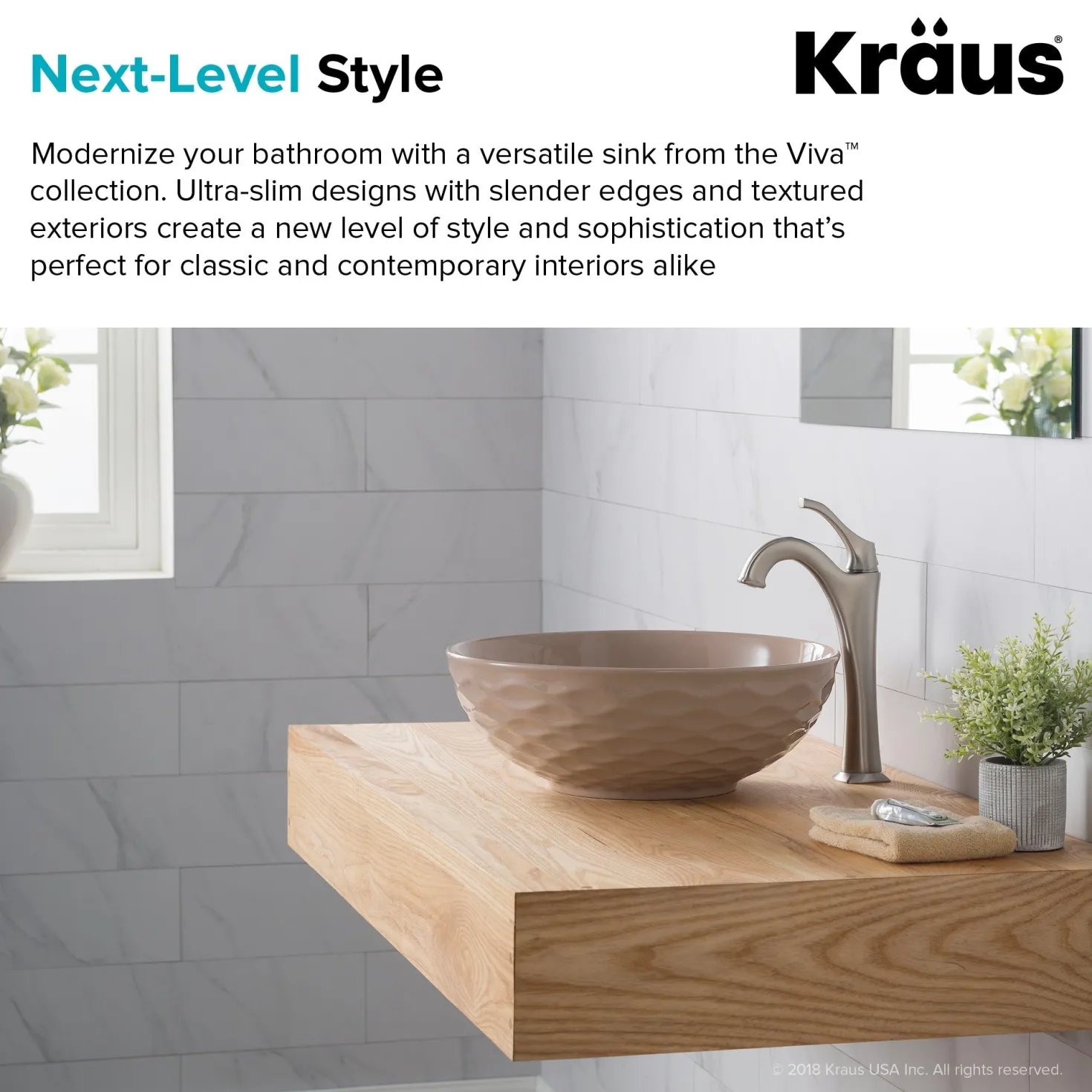KRAUS Viva Round Beige Porcelain Ceramic Vessel Bathroom Sink with Pop-Up Drain