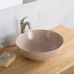 KRAUS Viva Round Beige Porcelain Ceramic Vessel Bathroom Sink with Pop-Up Drain
