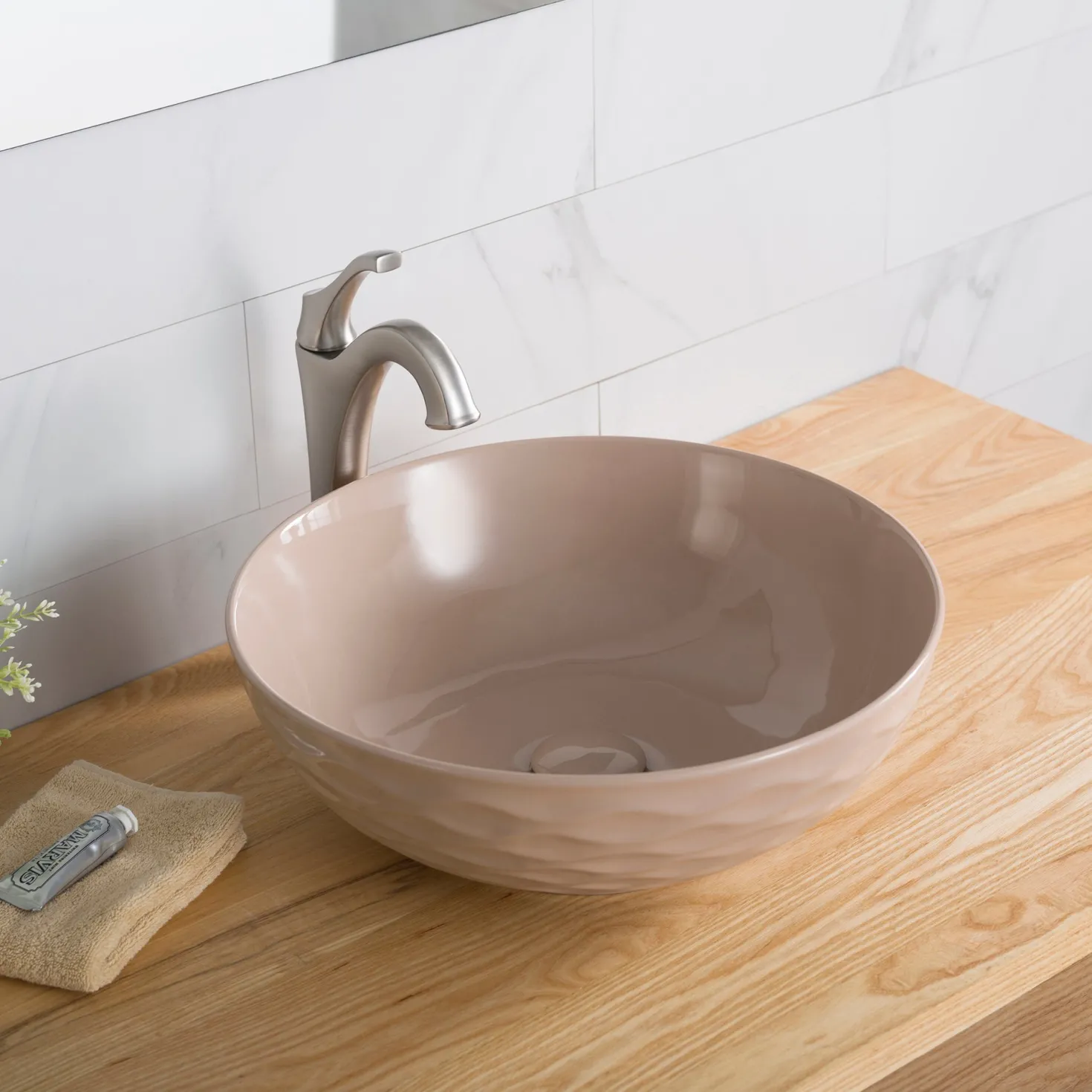 KRAUS Viva Round Beige Porcelain Ceramic Vessel Bathroom Sink with Pop-Up Drain