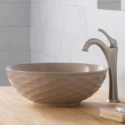 KRAUS Viva Round Beige Porcelain Ceramic Vessel Bathroom Sink with Pop-Up Drain