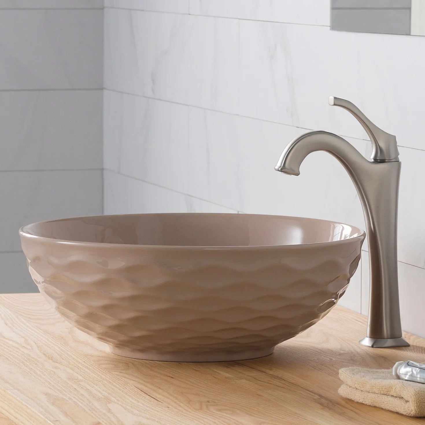 KRAUS Viva Round Beige Porcelain Ceramic Vessel Bathroom Sink with Pop-Up Drain