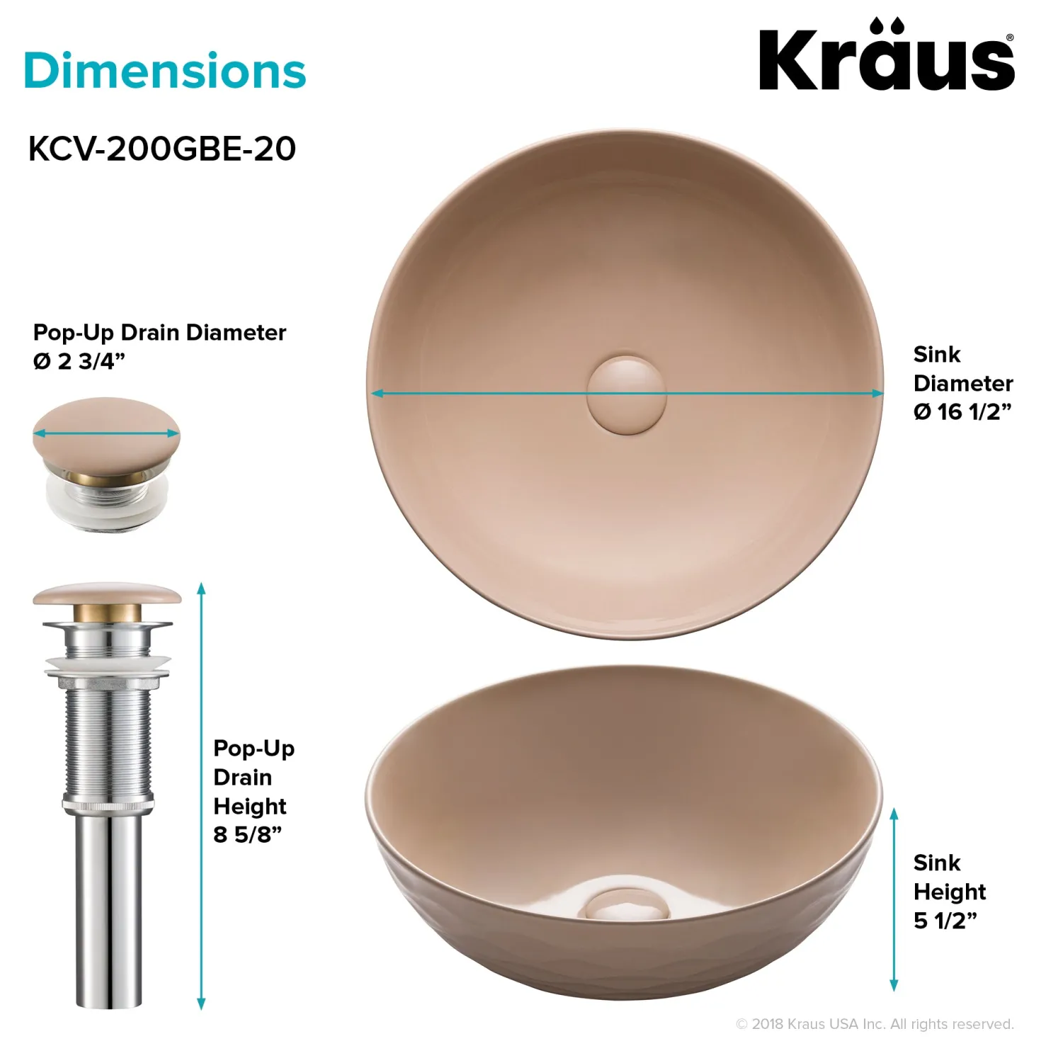 KRAUS Viva Round Beige Porcelain Ceramic Vessel Bathroom Sink with Pop-Up Drain