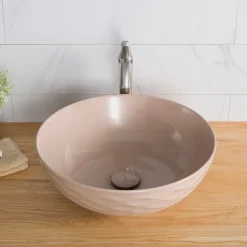 KRAUS Viva Round Beige Porcelain Ceramic Vessel Bathroom Sink with Pop-Up Drain