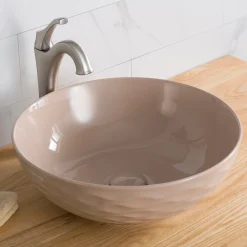 KRAUS Viva Round Beige Porcelain Ceramic Vessel Bathroom Sink with Pop-Up Drain