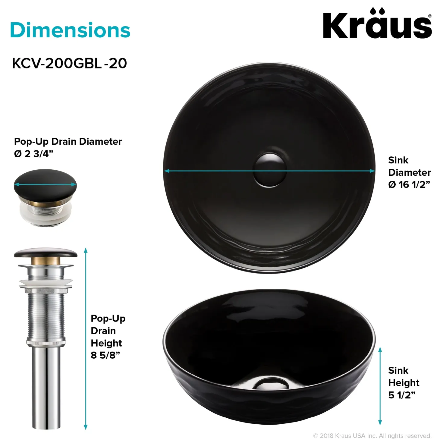 KRAUS Viva Round Black Porcelain Ceramic Vessel Bathroom Sink with Pop-Up Drain