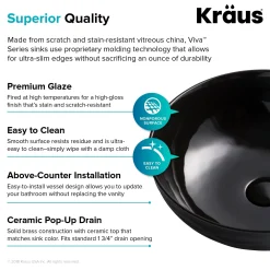 KRAUS Viva Round Black Porcelain Ceramic Vessel Bathroom Sink with Pop-Up Drain