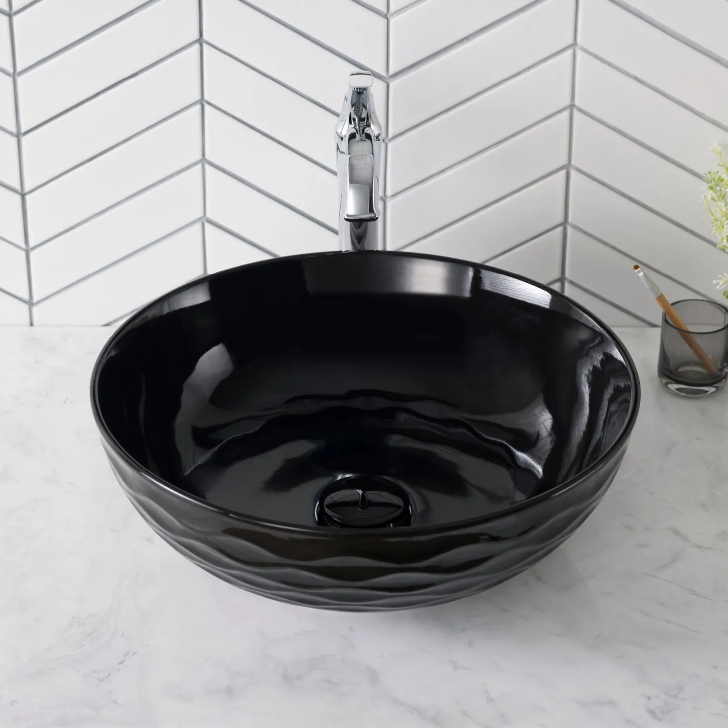 KRAUS Viva Round Black Porcelain Ceramic Vessel Bathroom Sink with Pop-Up Drain