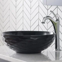 KRAUS Viva Round Black Porcelain Ceramic Vessel Bathroom Sink with Pop-Up Drain