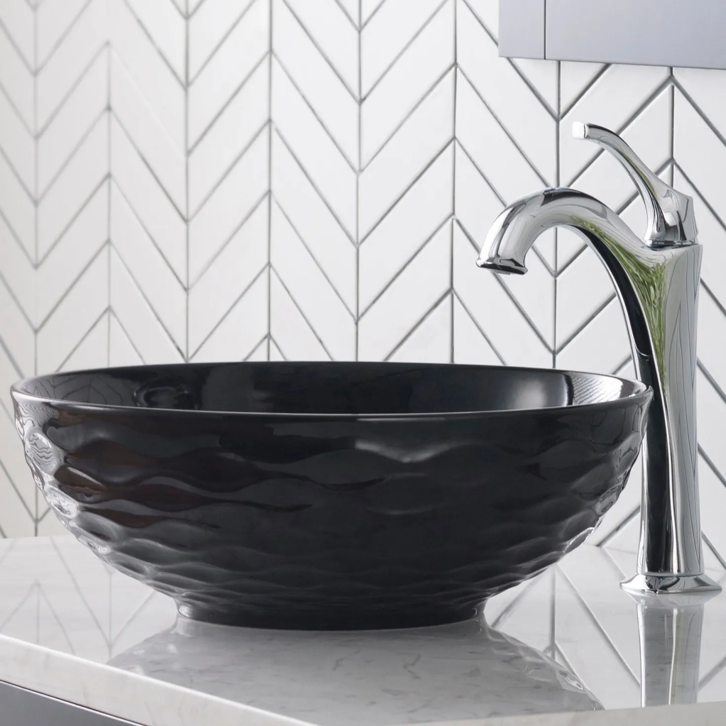 KRAUS Viva Round Black Porcelain Ceramic Vessel Bathroom Sink with Pop-Up Drain