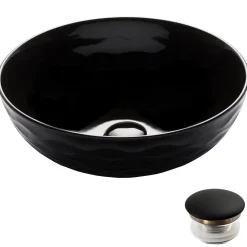 KRAUS Viva Round Black Porcelain Ceramic Vessel Bathroom Sink with Pop-Up Drain