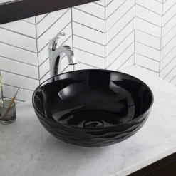 KRAUS Viva Round Black Porcelain Ceramic Vessel Bathroom Sink with Pop-Up Drain