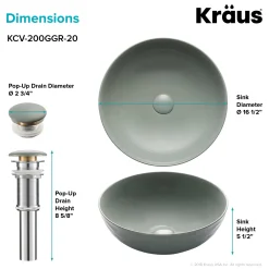 KRAUS Viva Round Gray Porcelain Ceramic Vessel Bathroom Sink with Pop-Up Drain