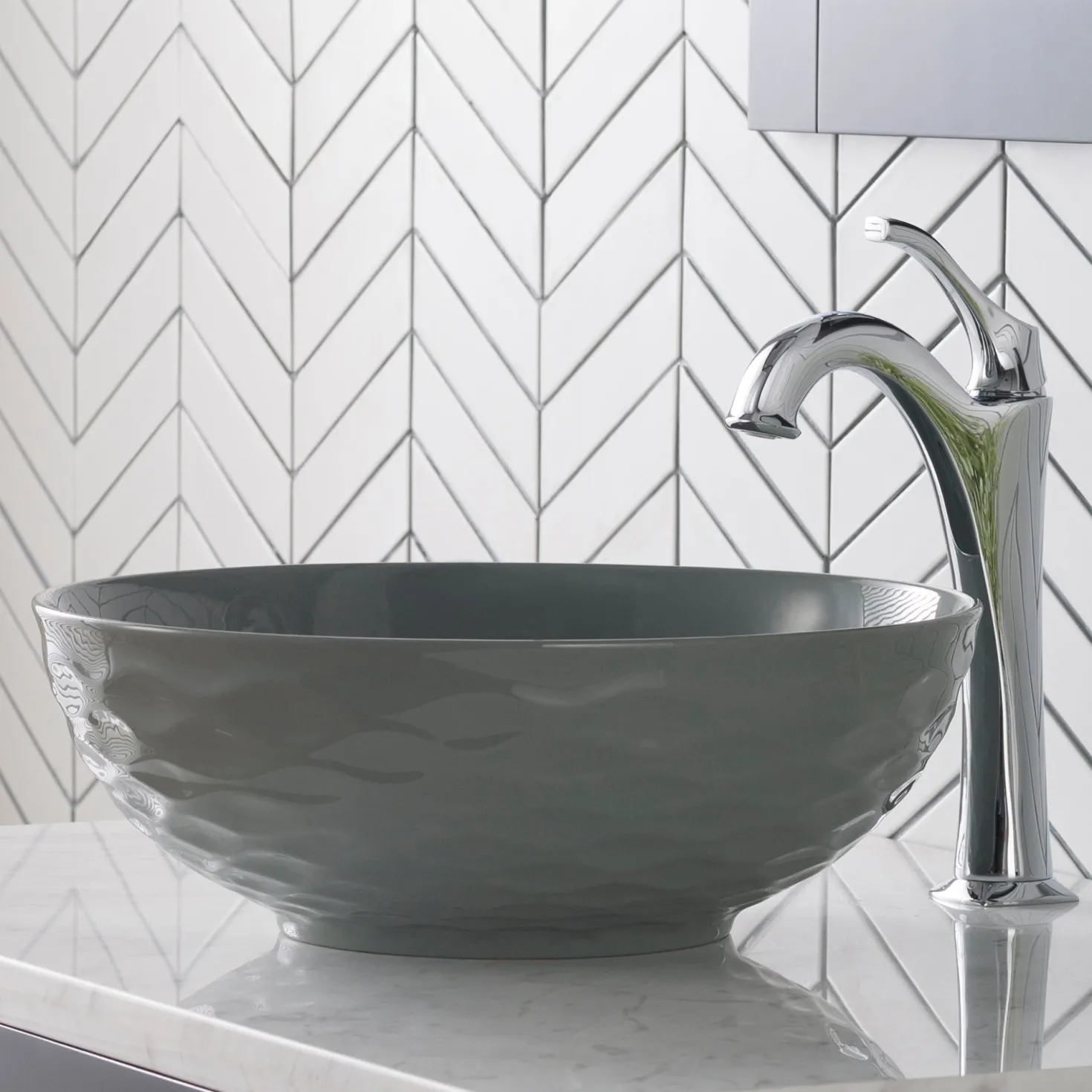 KRAUS Viva Round Gray Porcelain Ceramic Vessel Bathroom Sink with Pop-Up Drain