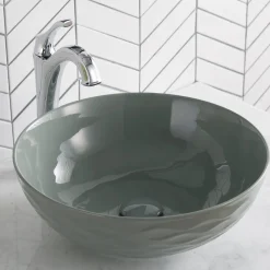 KRAUS Viva Round Gray Porcelain Ceramic Vessel Bathroom Sink with Pop-Up Drain