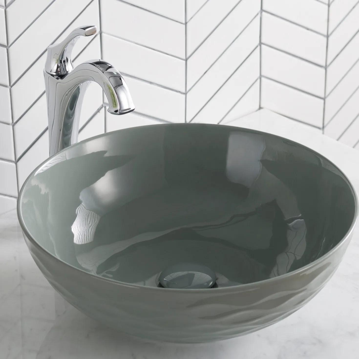 KRAUS Viva Round Gray Porcelain Ceramic Vessel Bathroom Sink with Pop-Up Drain