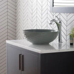KRAUS Viva Round Gray Porcelain Ceramic Vessel Bathroom Sink with Pop-Up Drain