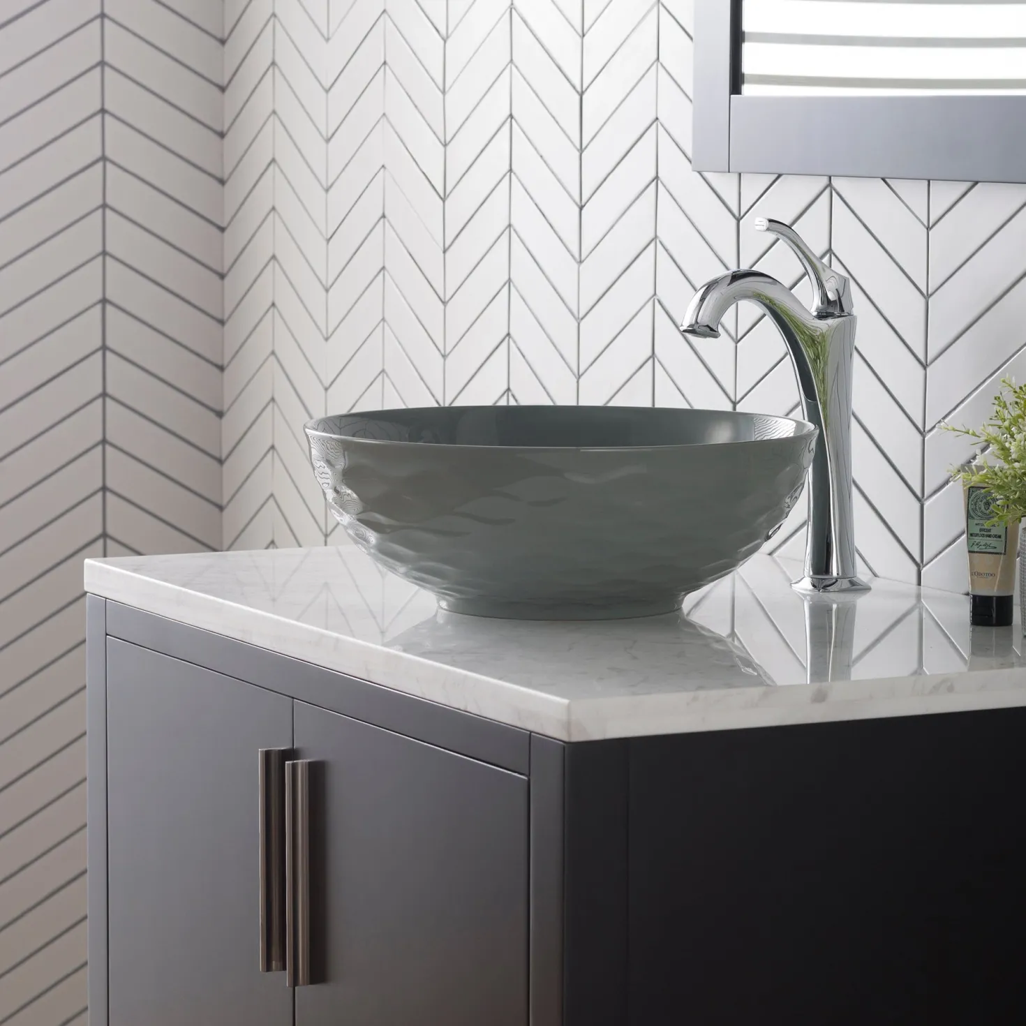 KRAUS Viva Round Gray Porcelain Ceramic Vessel Bathroom Sink with Pop-Up Drain