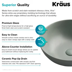 KRAUS Viva Round Gray Porcelain Ceramic Vessel Bathroom Sink with Pop-Up Drain