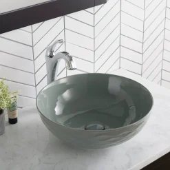 KRAUS Viva Round Gray Porcelain Ceramic Vessel Bathroom Sink with Pop-Up Drain