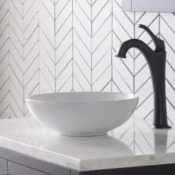 KRAUS Viva Round White Porcelain Ceramic Vessel Bathroom Sink with Pop-Up Drain, 13D x 4 3/8H