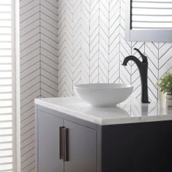 KRAUS Viva Round White Porcelain Ceramic Vessel Bathroom Sink with Pop-Up Drain, 13D x 4 3/8H